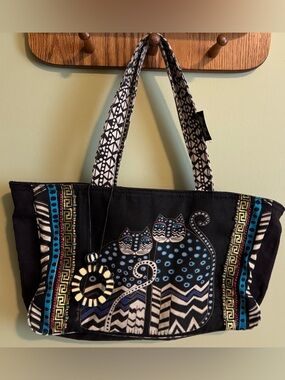 Vibrant Laurel Burch "Indigo Cats" Canvas Tote Bag with Rare Beading